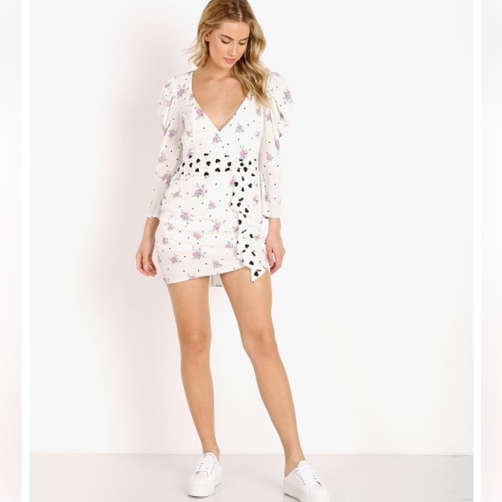 For Love & Lemons White Floral Mabel Mini Dress Long Sleeves - Size S